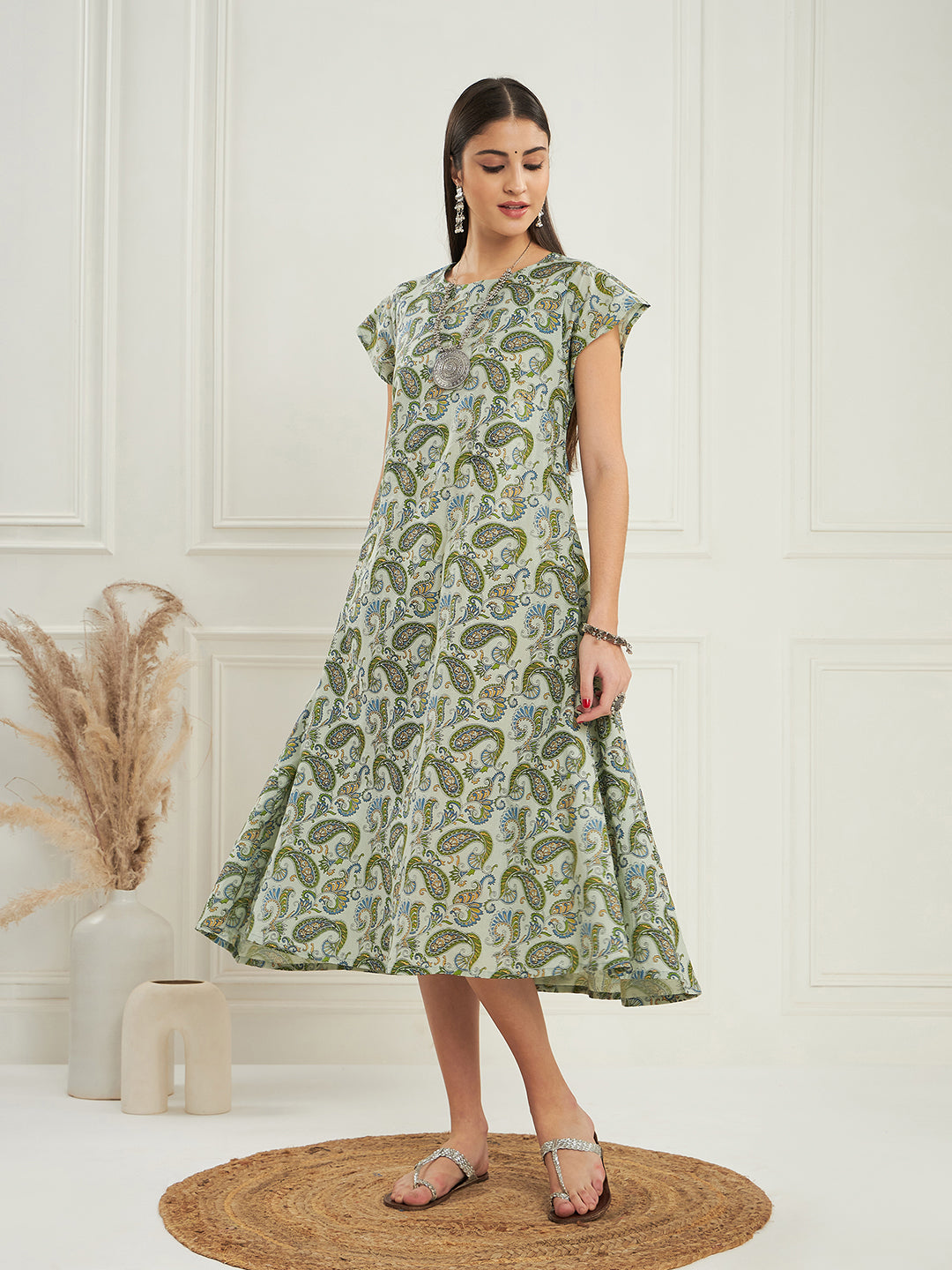 Sage Green Paisley Print A Line Dress