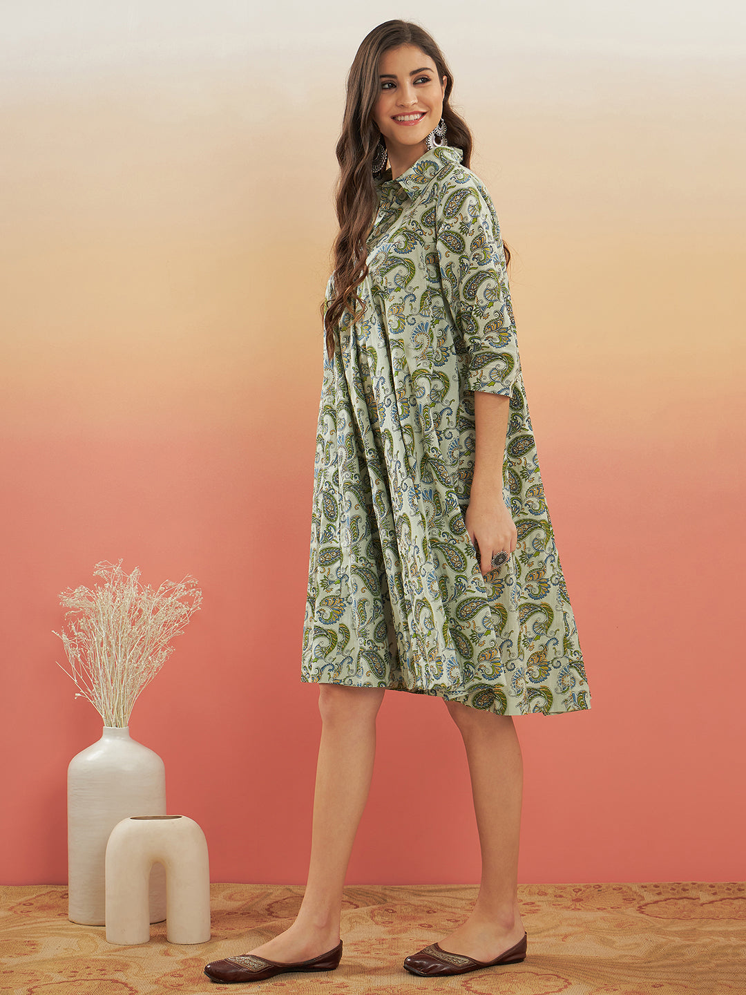 Sage Green Paisley Print Flared Dress
