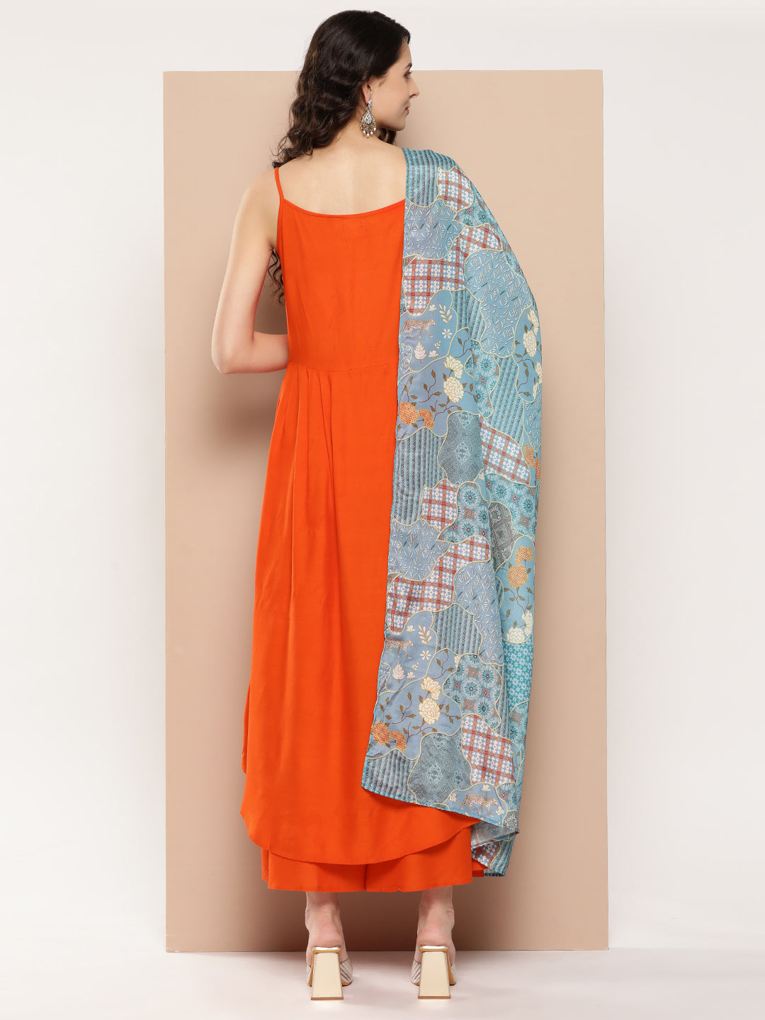 Orange Strappy Set With Blue Chinnon Print Silk Dupatta
