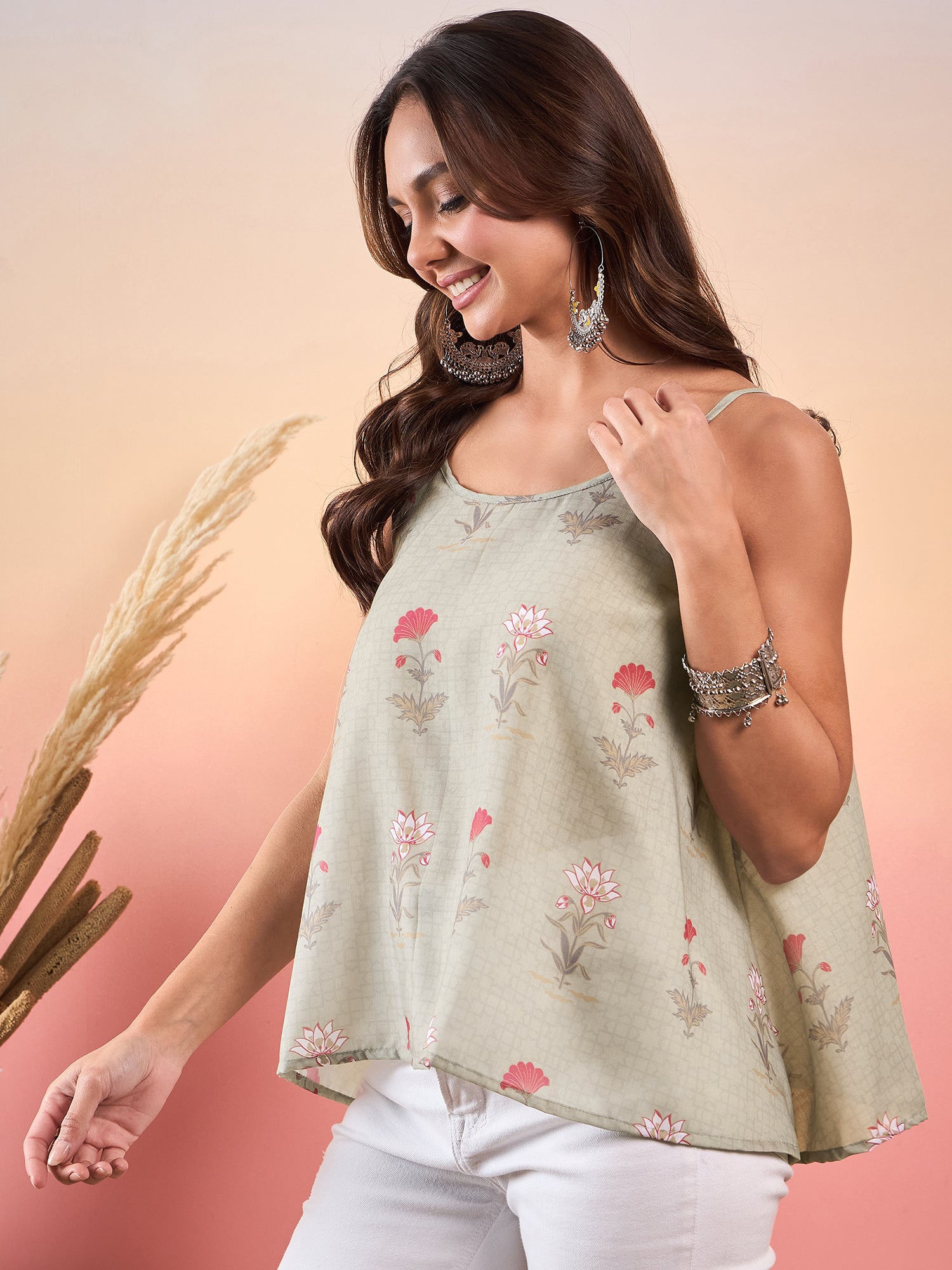 Tea Green Floral Strappe Flare Top