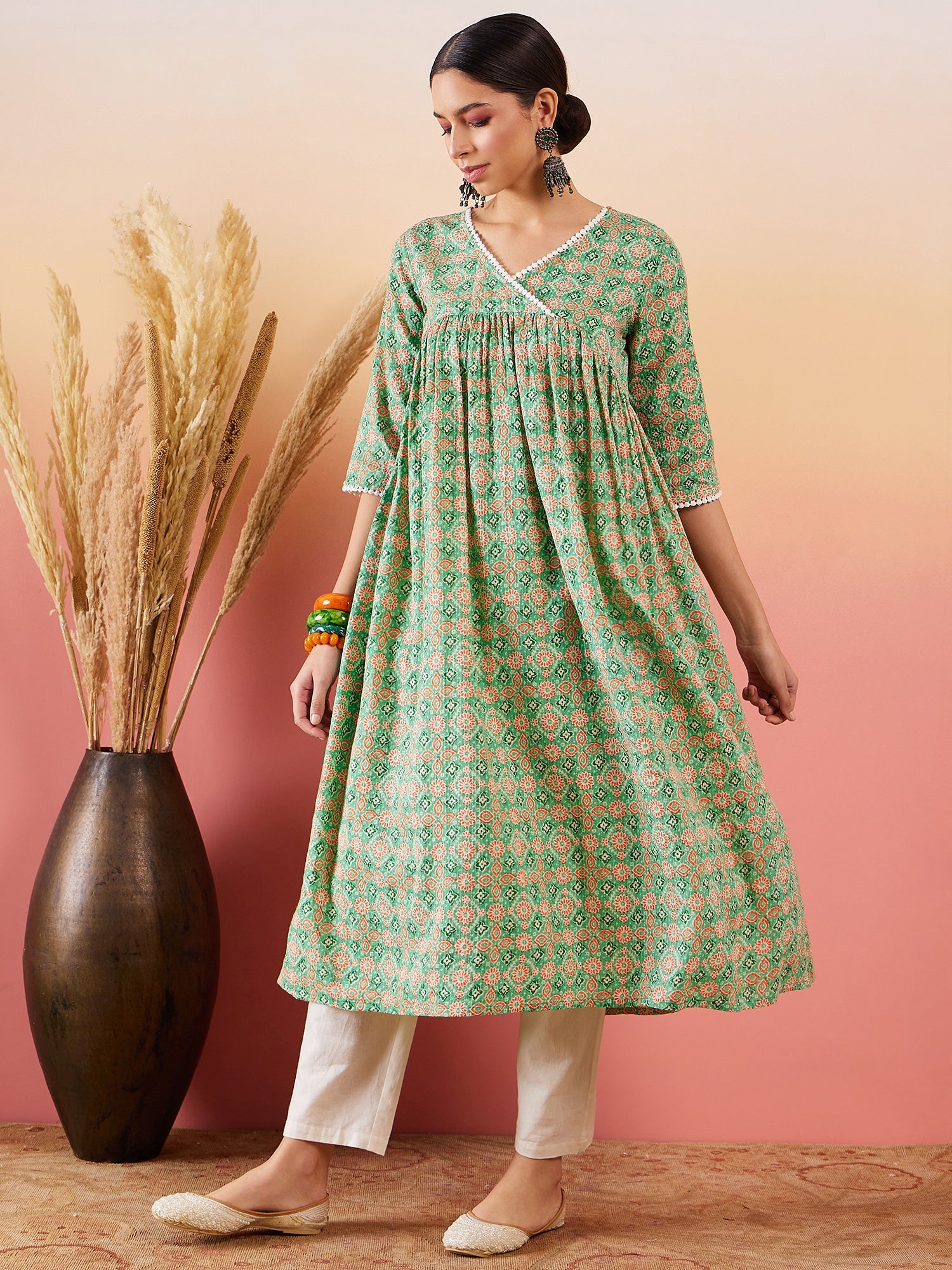 Cool Green Kantha Print Angrakhaa V Neck Lace Dress