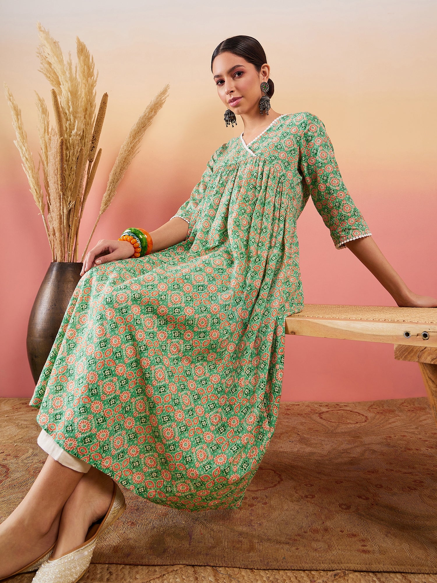 Cool Green Kantha Print Angrakhaa V Neck Lace Dress