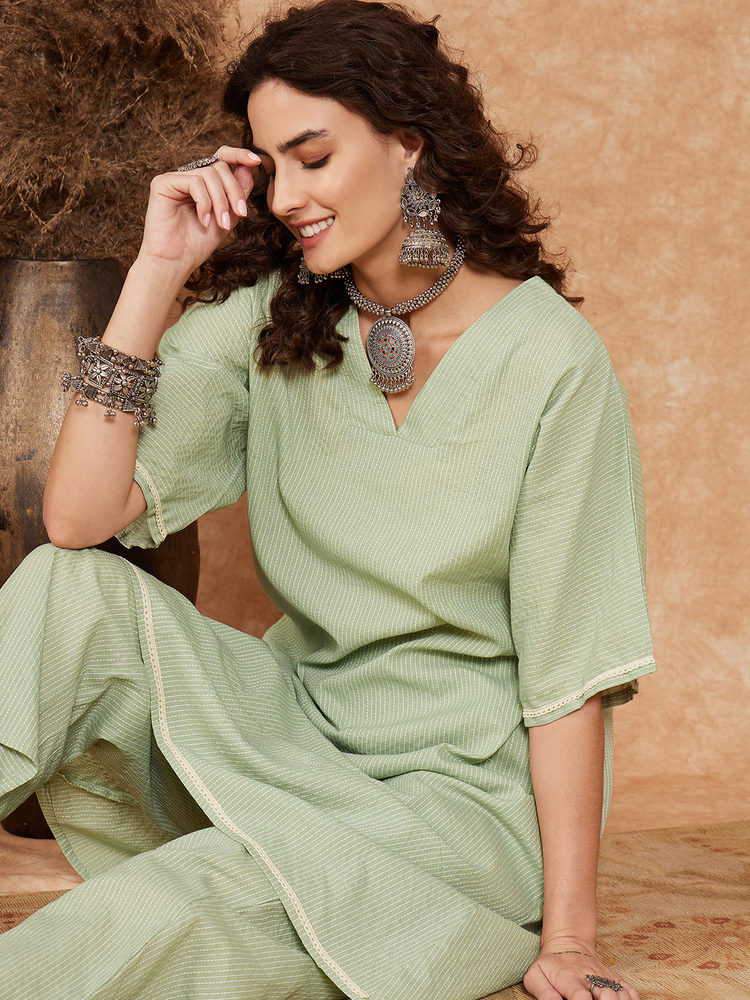 Sage Green Kantha Lace Wrok Kimono Sleeve Kurta Set