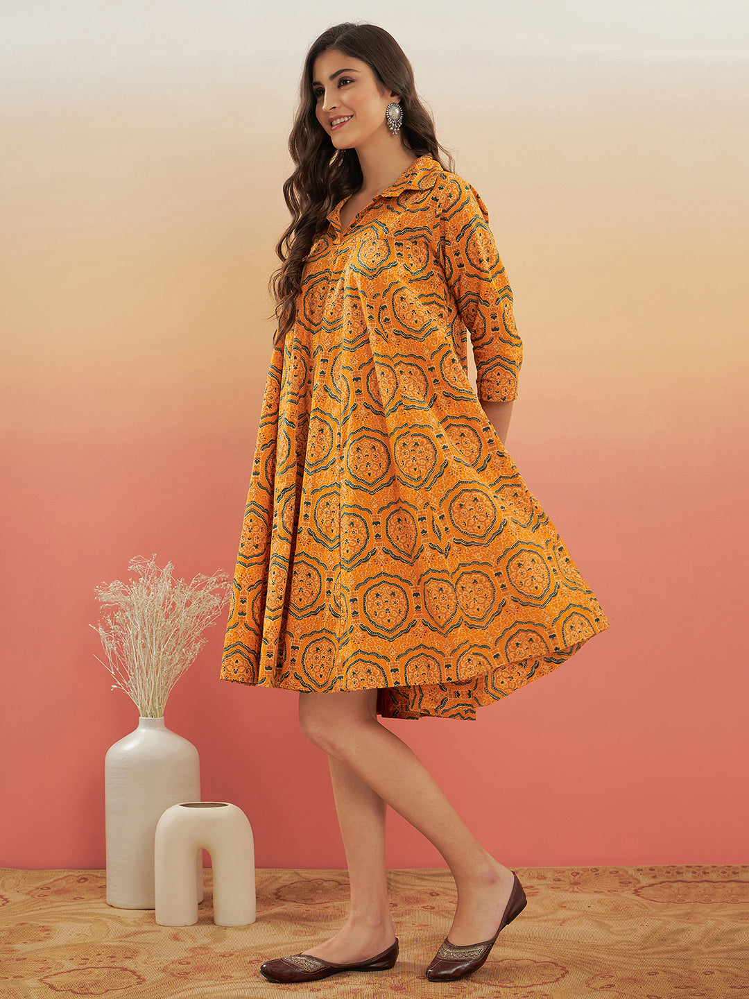 Haldi Yellow Mughal Kalamkari Flared Dress