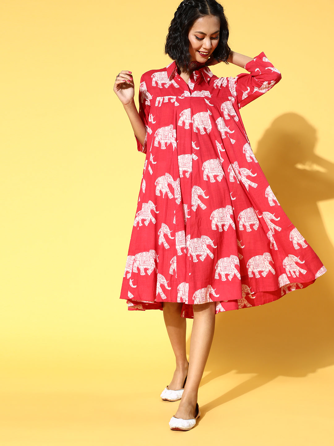 Red Elephant Flared Dress
