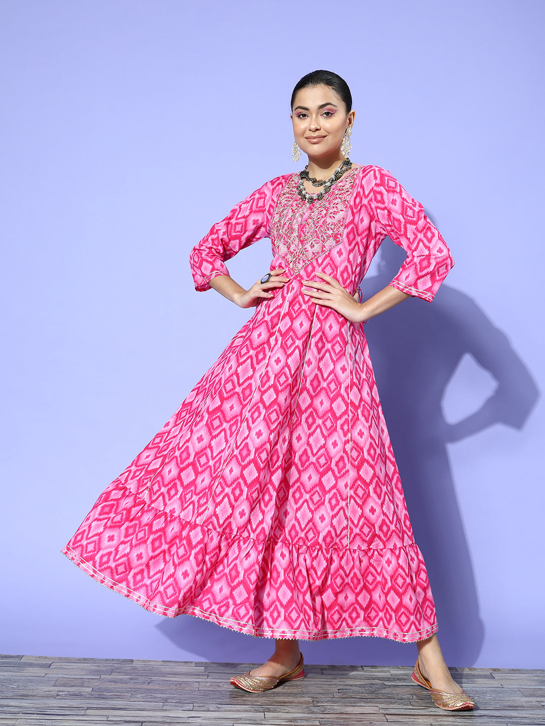 Abstract Pink Print Long Dress With Work