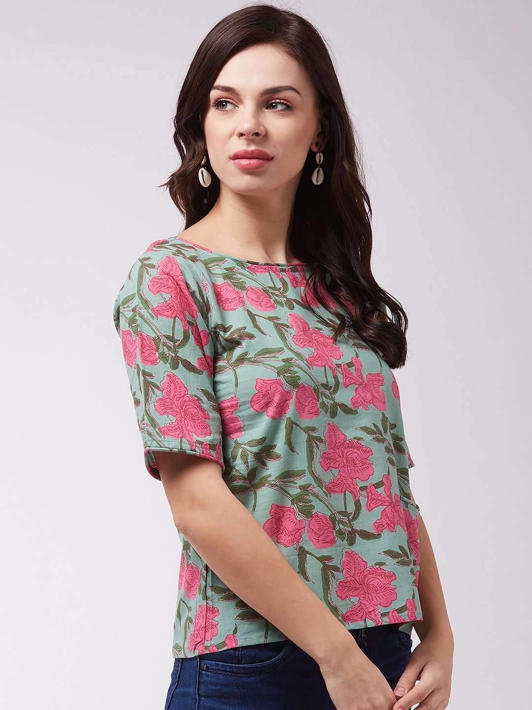 Green Pink Floral Top