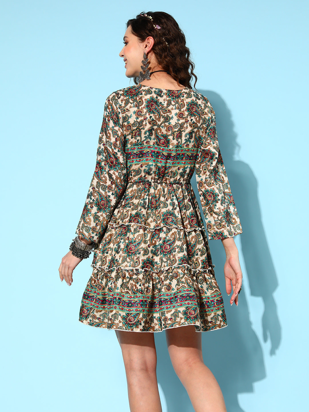 Off White Green Paisley Print Tiered Dress