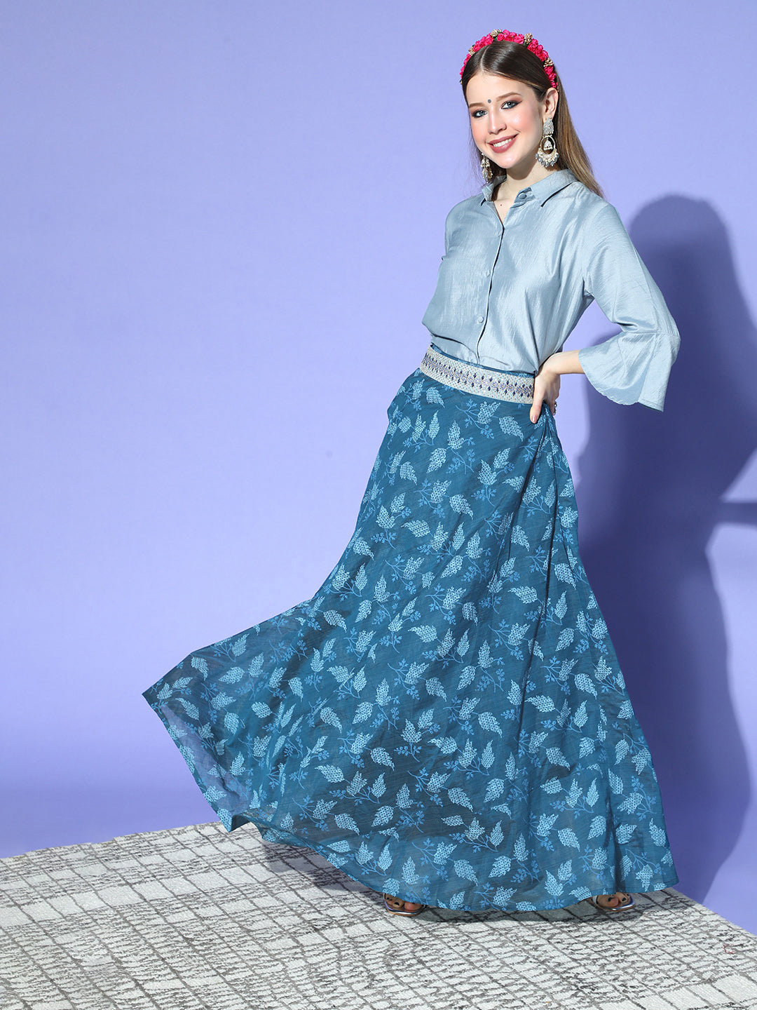 Blue & Grey Chanderi Skirt Fusion Set