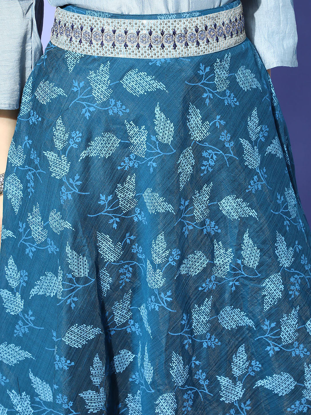 Blue & Grey Chanderi Skirt Fusion Set
