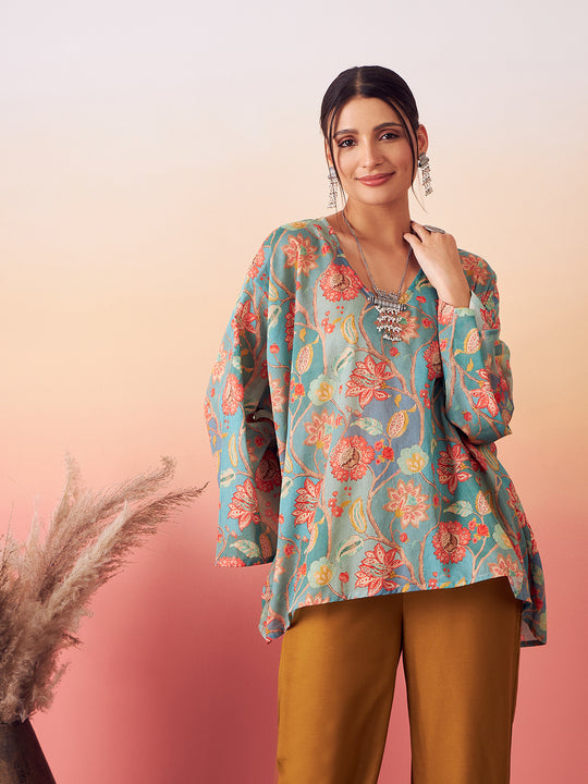 Light Blue Floral Digital Print Kaftan Boho Top