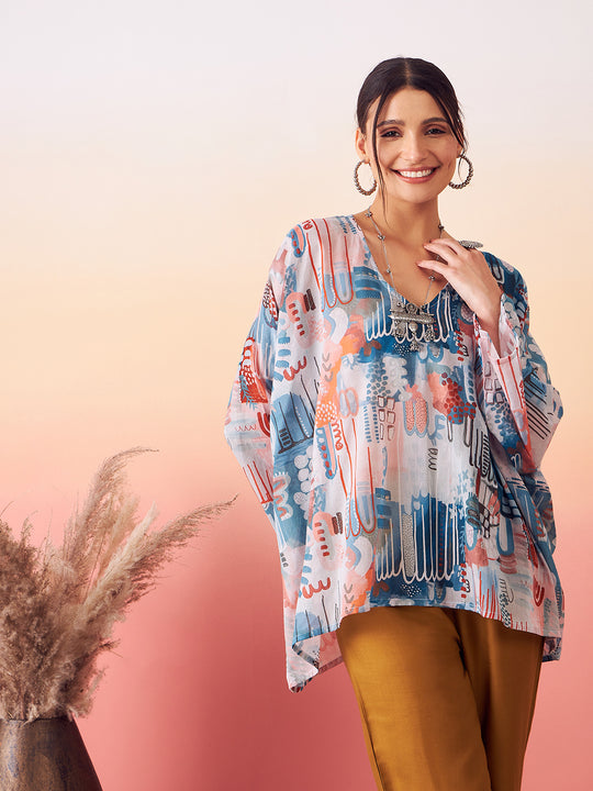 Powder Blue Digital Print Kaftan Boho Top