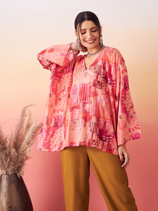 Peach Red Digital Print Kaftan Boho Top