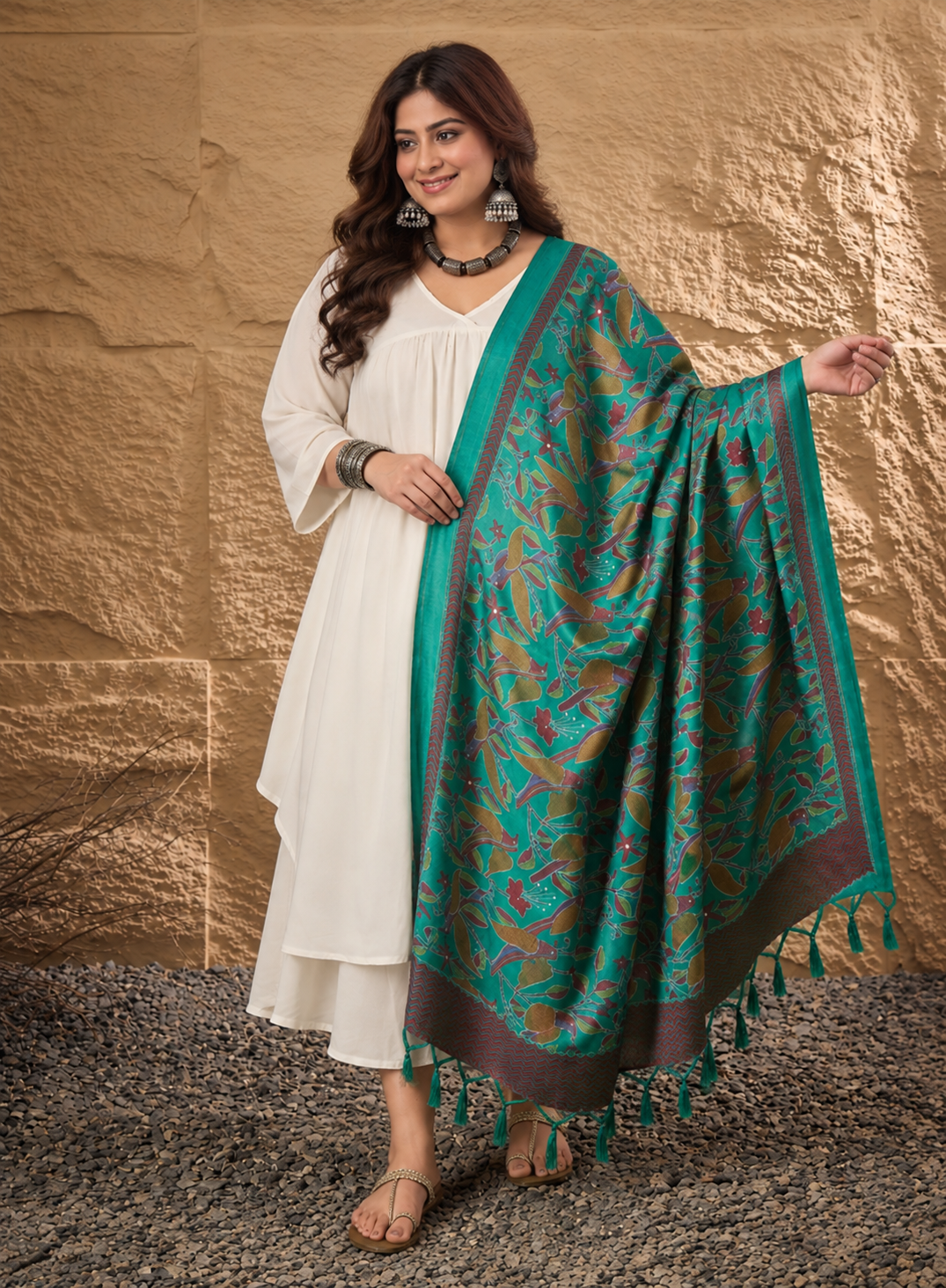 White V Neck Flared Jungle Green Printed Dupatta Kurta Set