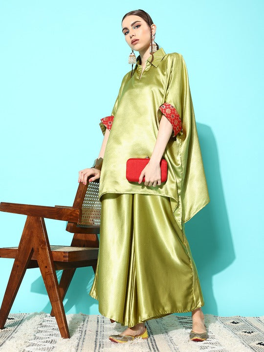 Olive Red Brocade Satin Boho Kurta Palazzo Set