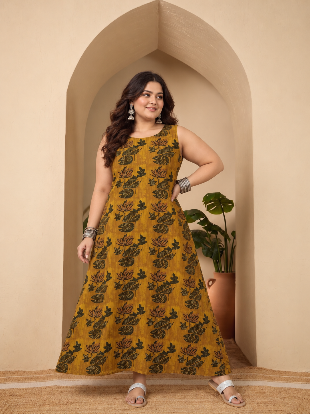 Yellow Lotus print Round Neck Long Dress
