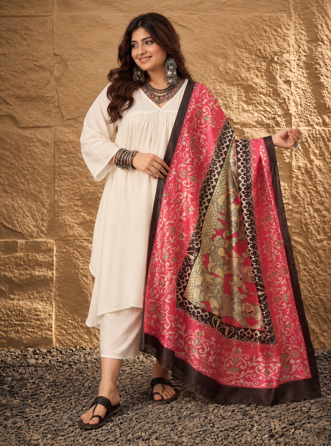 White V Neck Flared Red Women Dupatta Kurta Set
