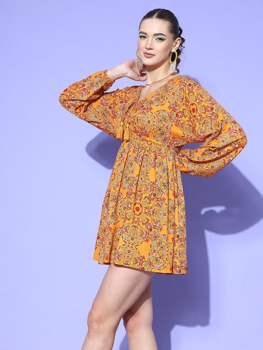 Canary Yellow Floral Print V-neck Dress