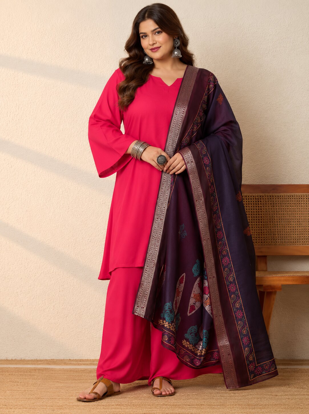 Fuchsia Kurta Set Dark Motif Dupatta