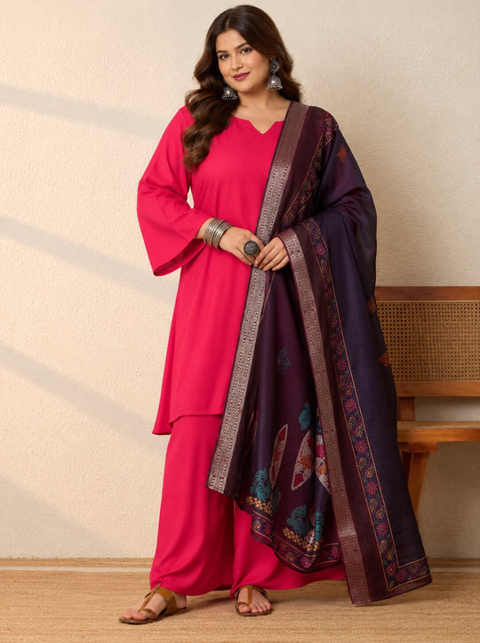 Fuchsia Kurta Set Dark Motif Dupatta