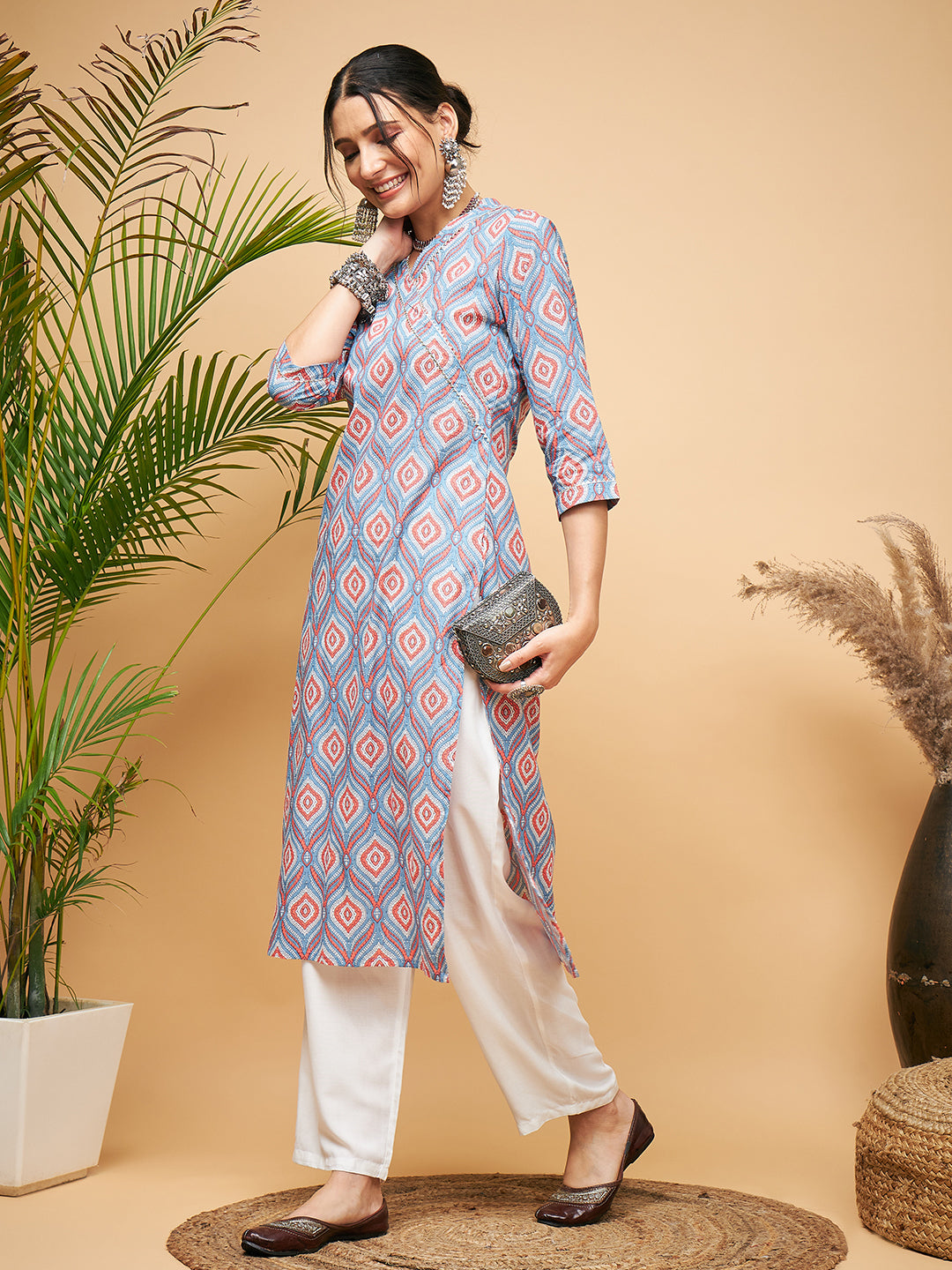 Blue Pink Print Angrakha Style Straight Kurta Pant Set