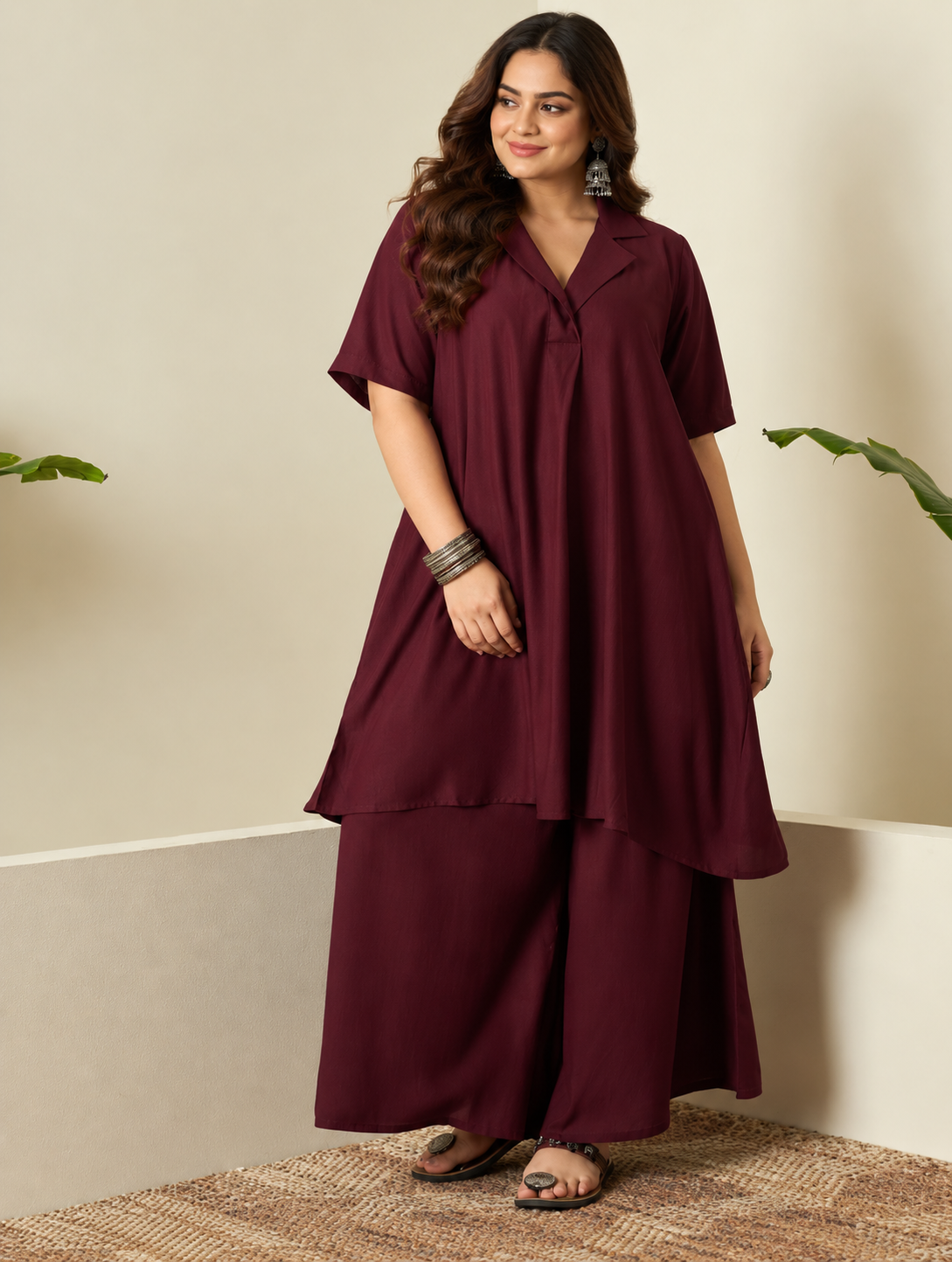 Wine Collar Neck Kurta Set
