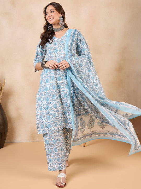 White Blue Rose Jaal V Neck Straight Kurta Set W Dupatta