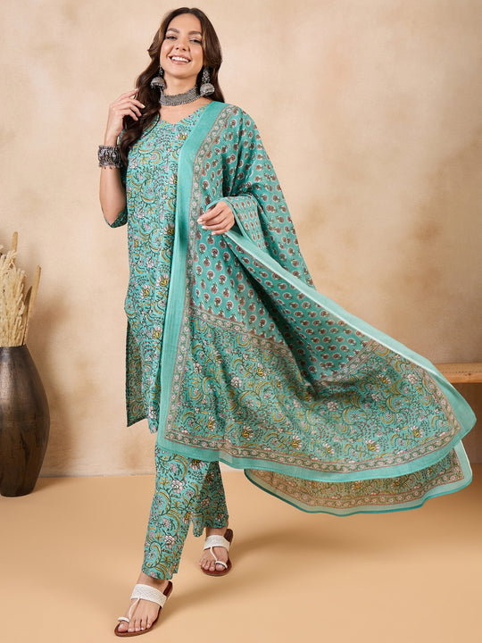 Teal Jaal Kalamkari V Neck Straight Kurta Set W Dupatta