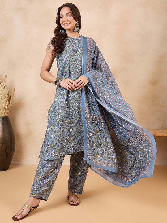 Slate Grey Jaal Kalamkari Halter Neck Kurta Set W Dupatta
