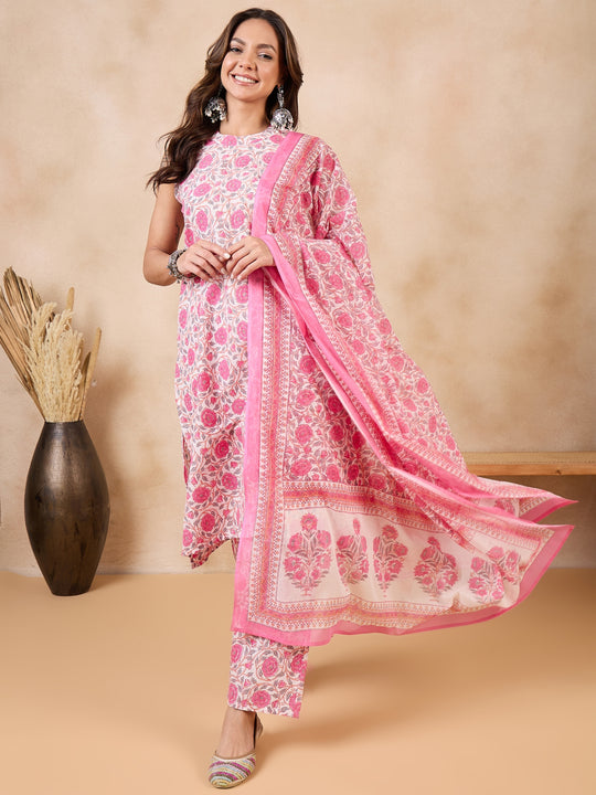 Pink Rose Peach Jaal Halter Neck Kurta Set W Dupatta