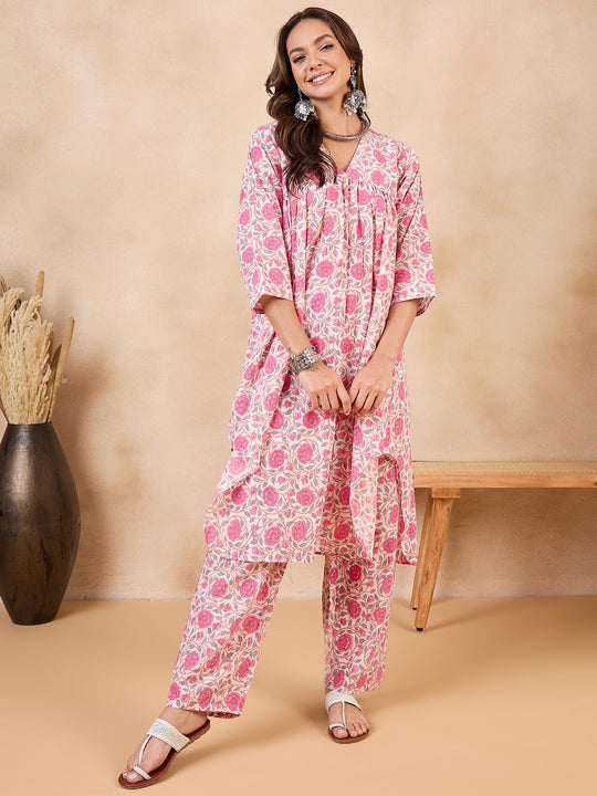 Pink Rose Peach Jaal V Neck Flared Kurta Set
