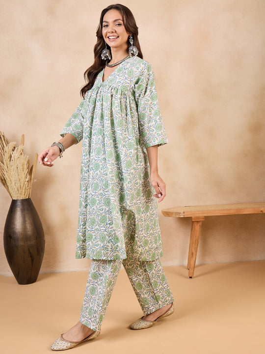 Pear Green Rose Blue Jaal V Neck Flared Kurta Set