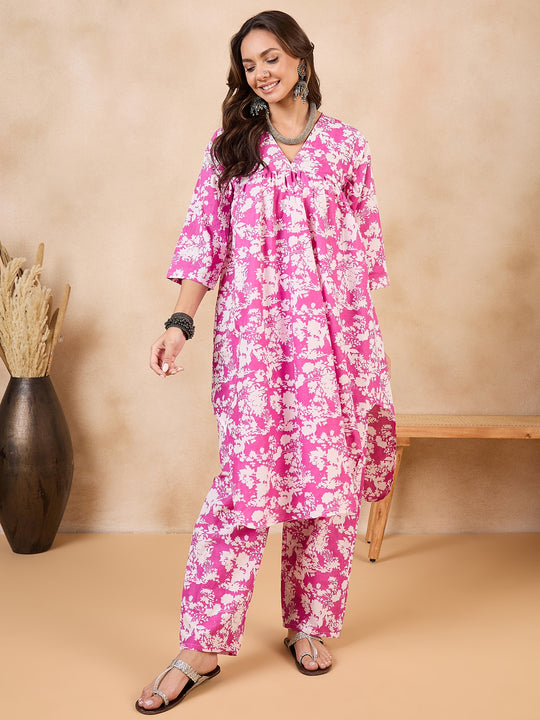 Fuchsia Rose White V Neck Flared Kurta Set