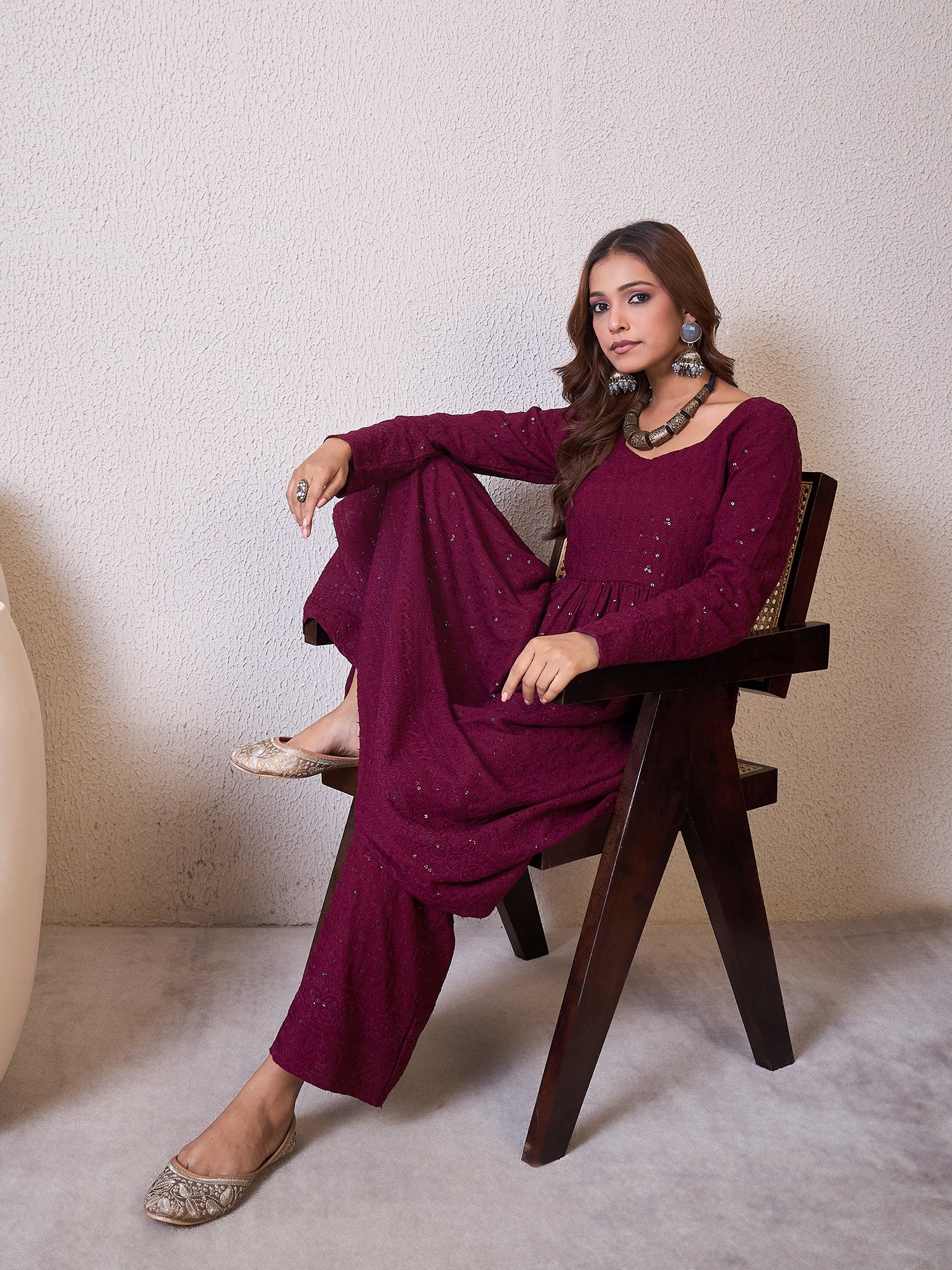 Wine Chikankari Sweetheart Set