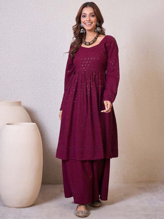 Wine Chikankari Sweetheart Set