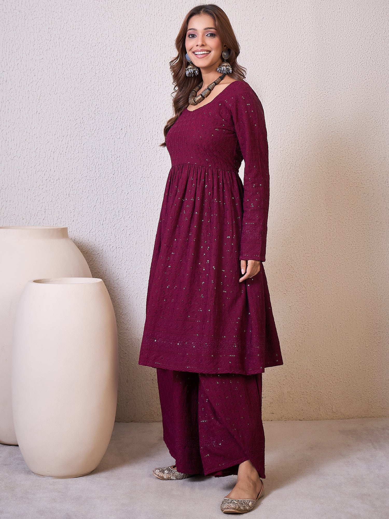 Wine Chikankari Sweetheart Set