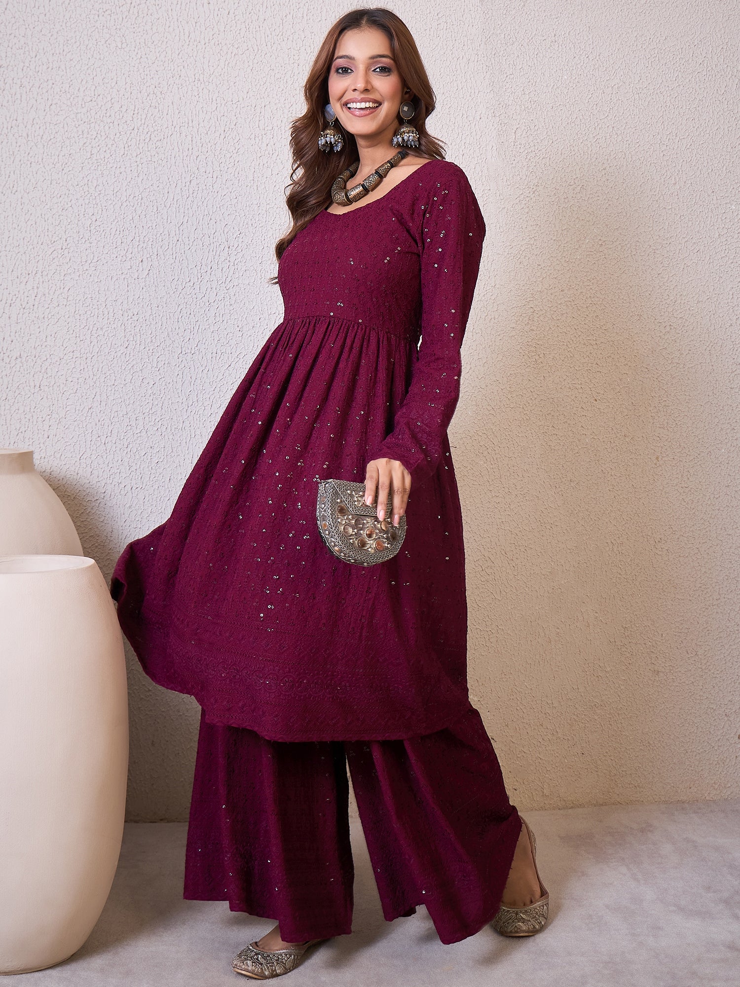 Wine Chikankari Sweetheart Set