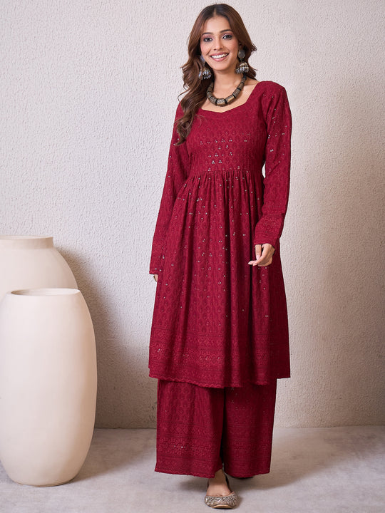 Maroon Chikankari Sweetheart Set