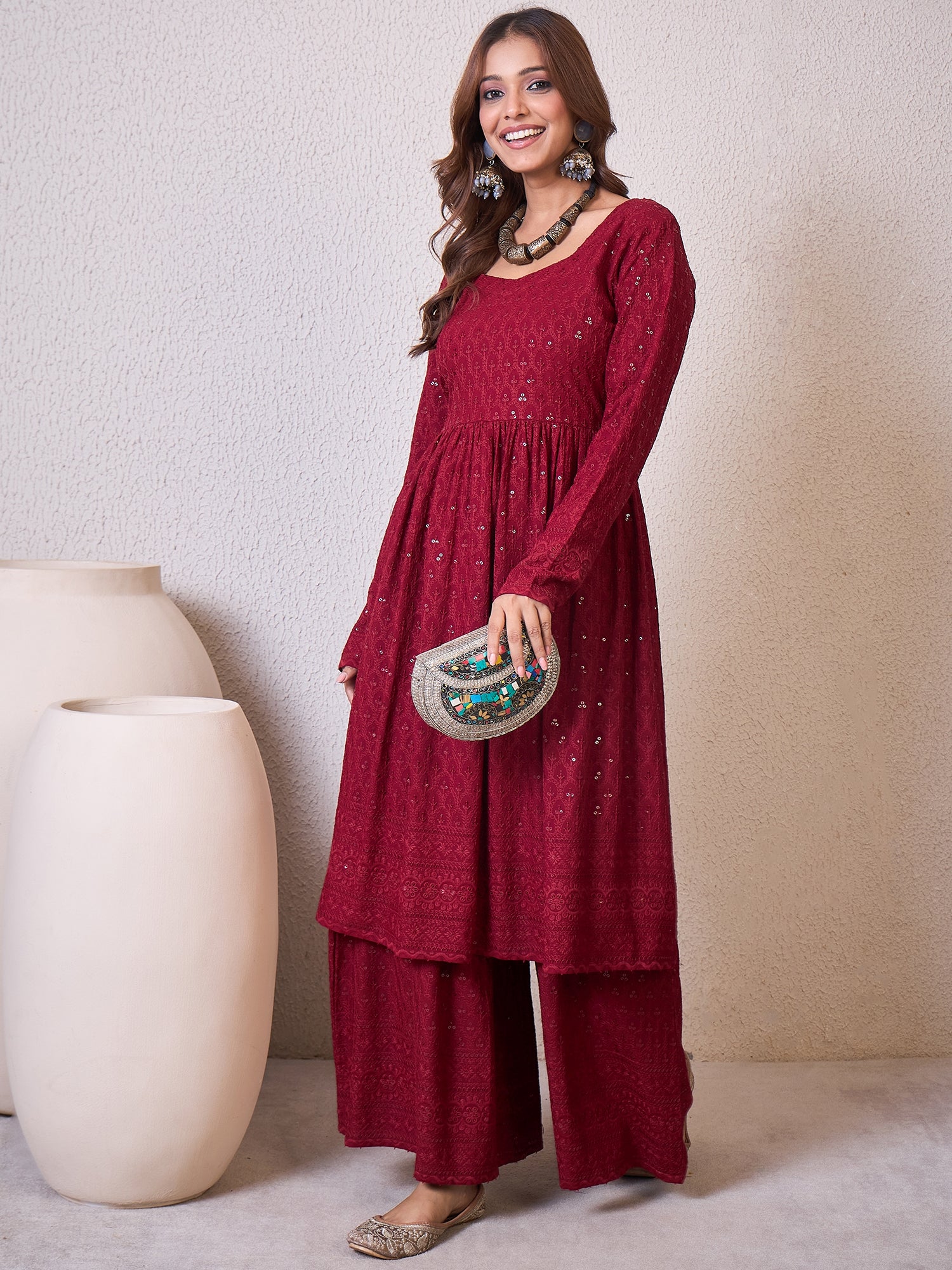 Maroon Chikankari Sweetheart Set