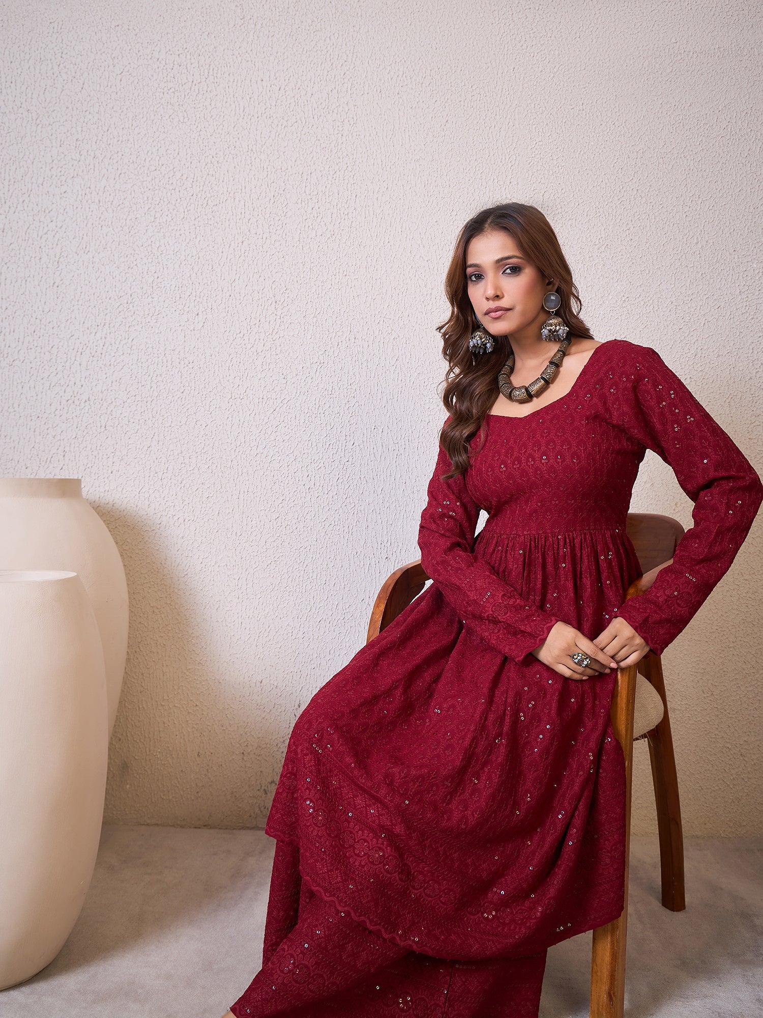 Maroon Chikankari Sweetheart Set