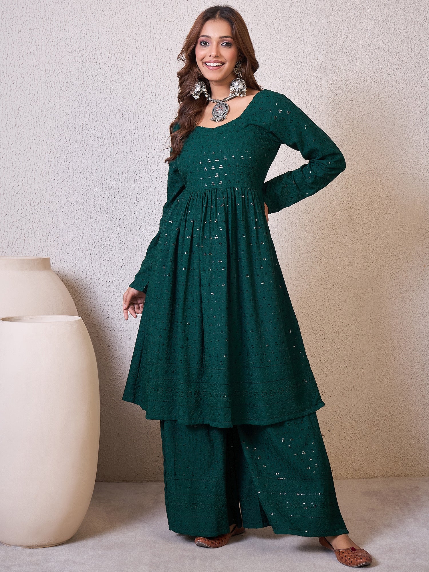 Dark Green Chikankari Sweetheart Set
