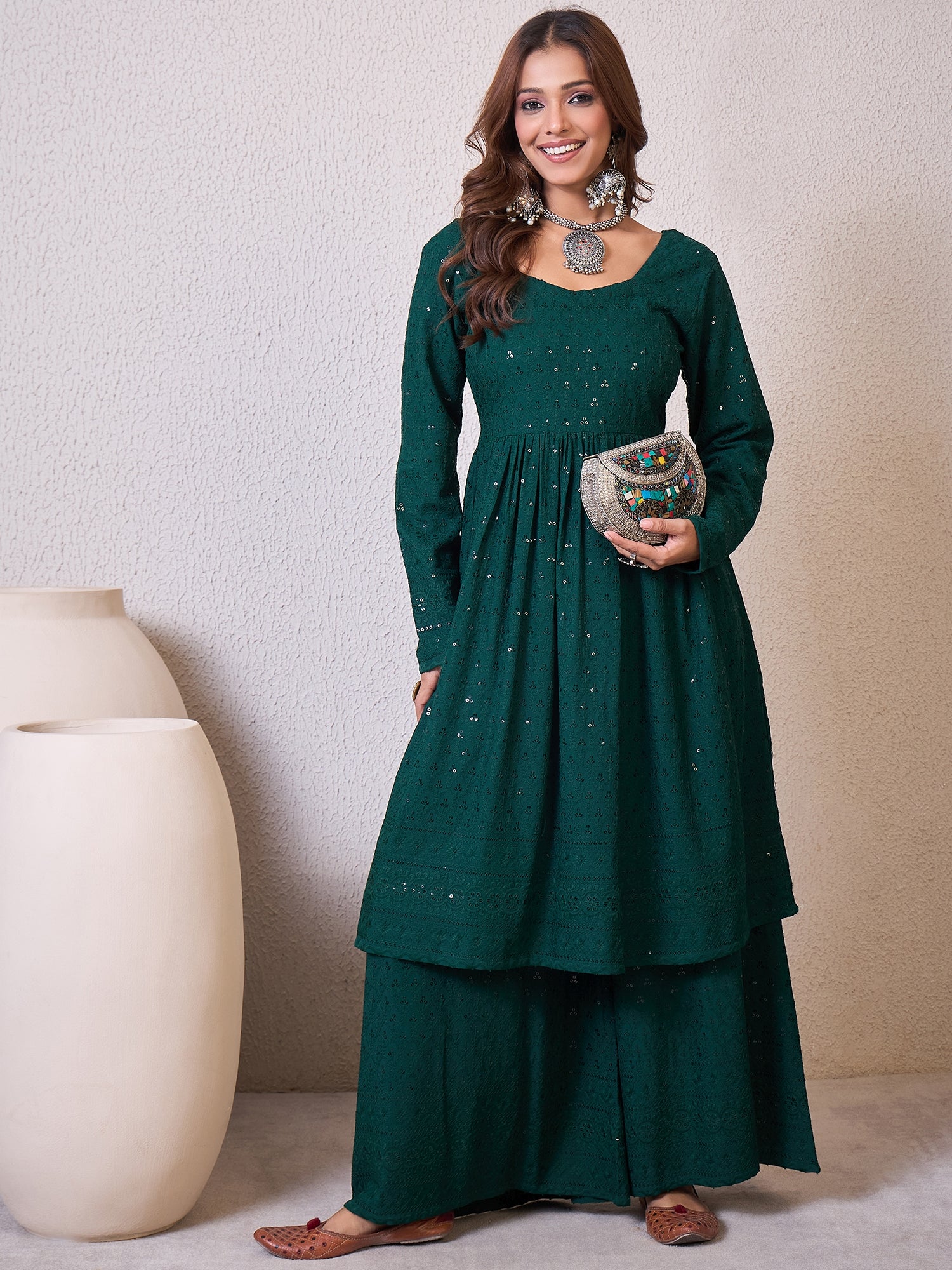 Dark Green Chikankari Sweetheart Set