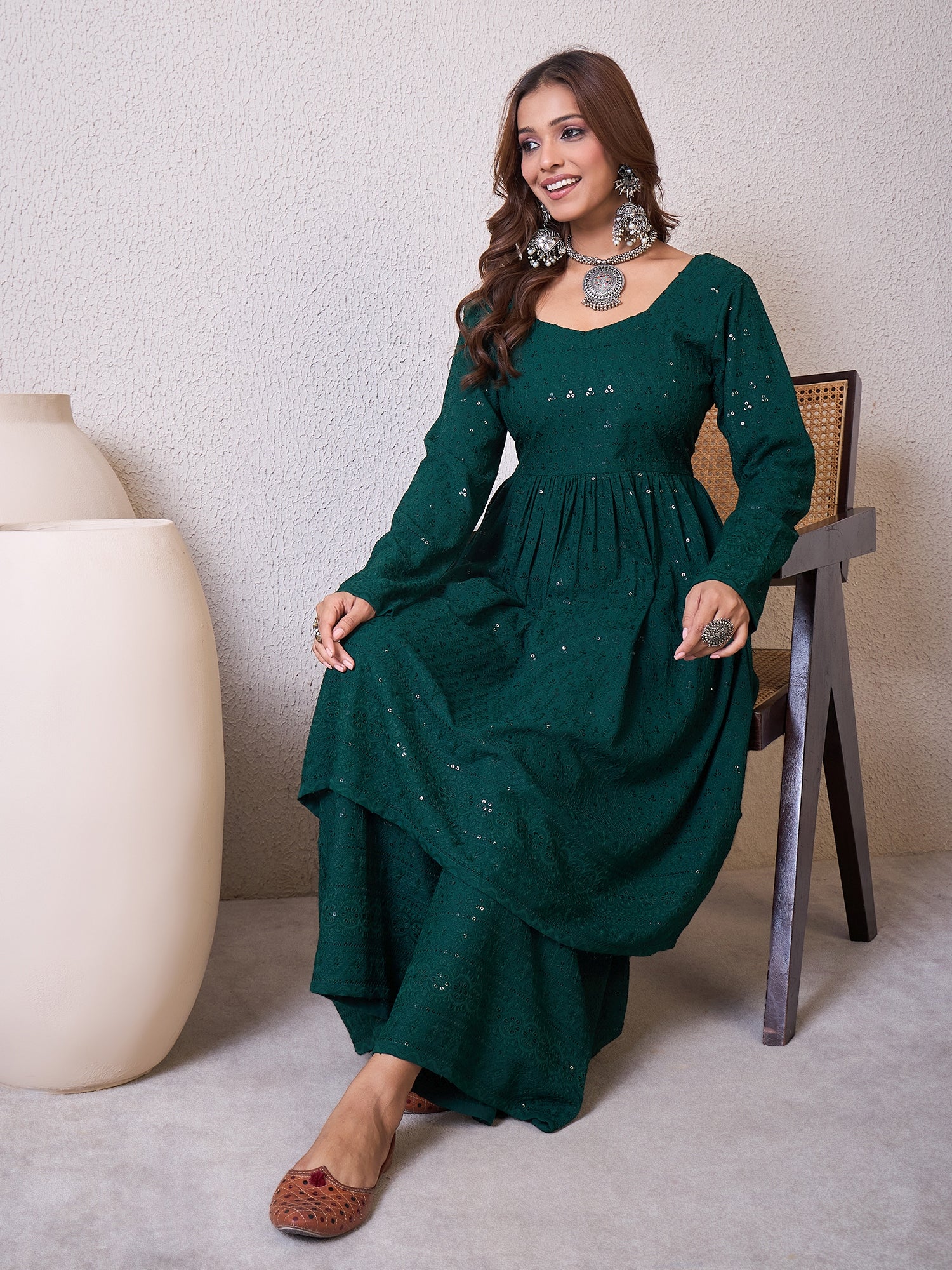 Dark Green Chikankari Sweetheart Set