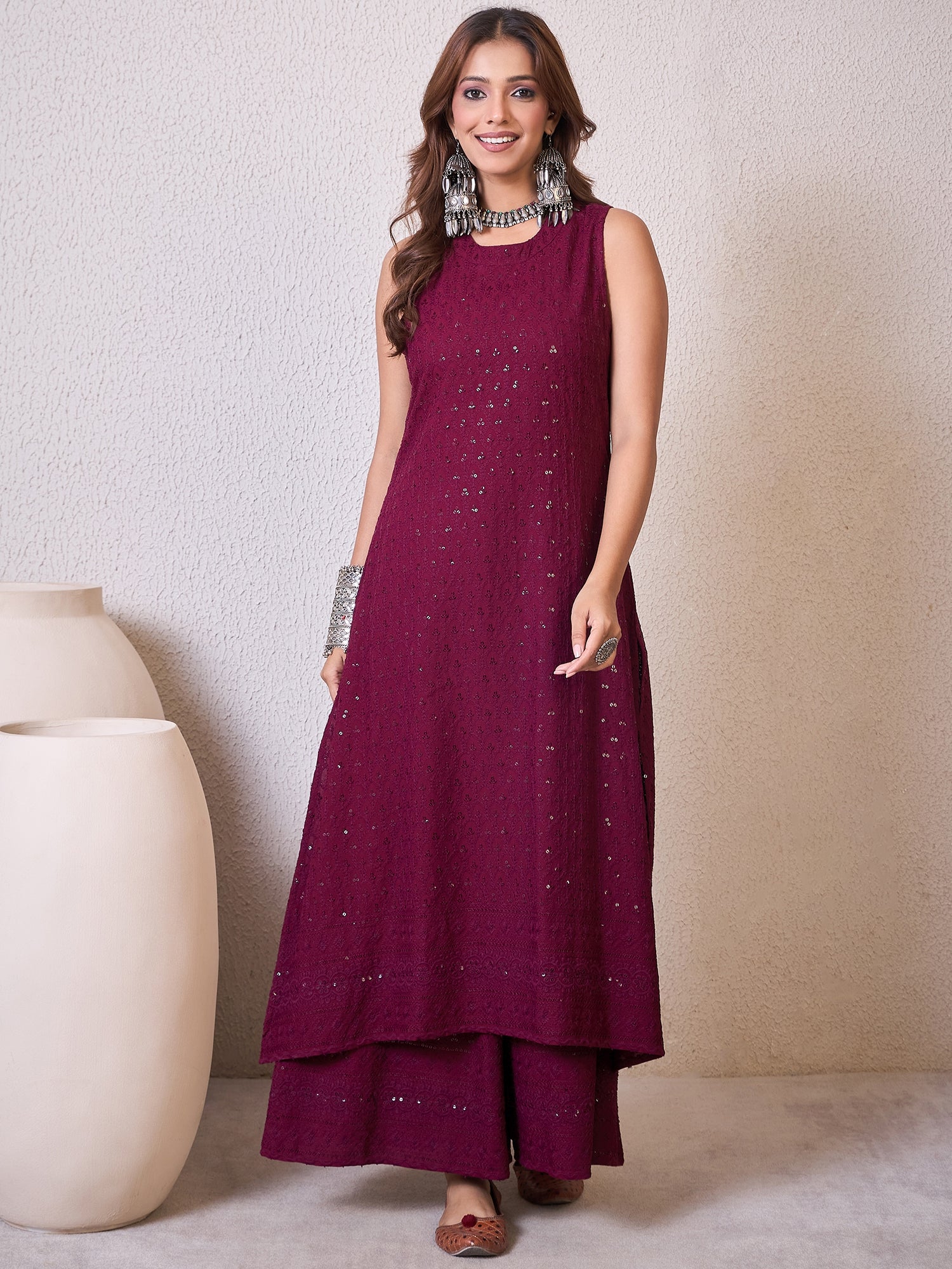 Wine Chikankari Halter Kurta Set