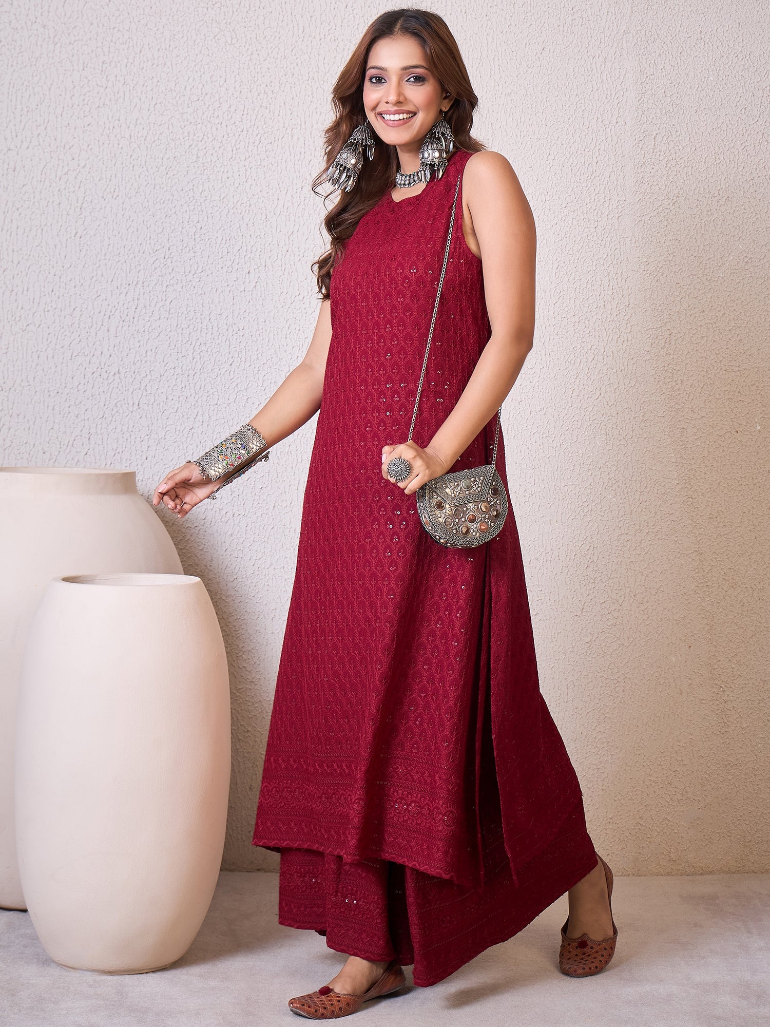 Maroon Chikankari Halter Kurta Set