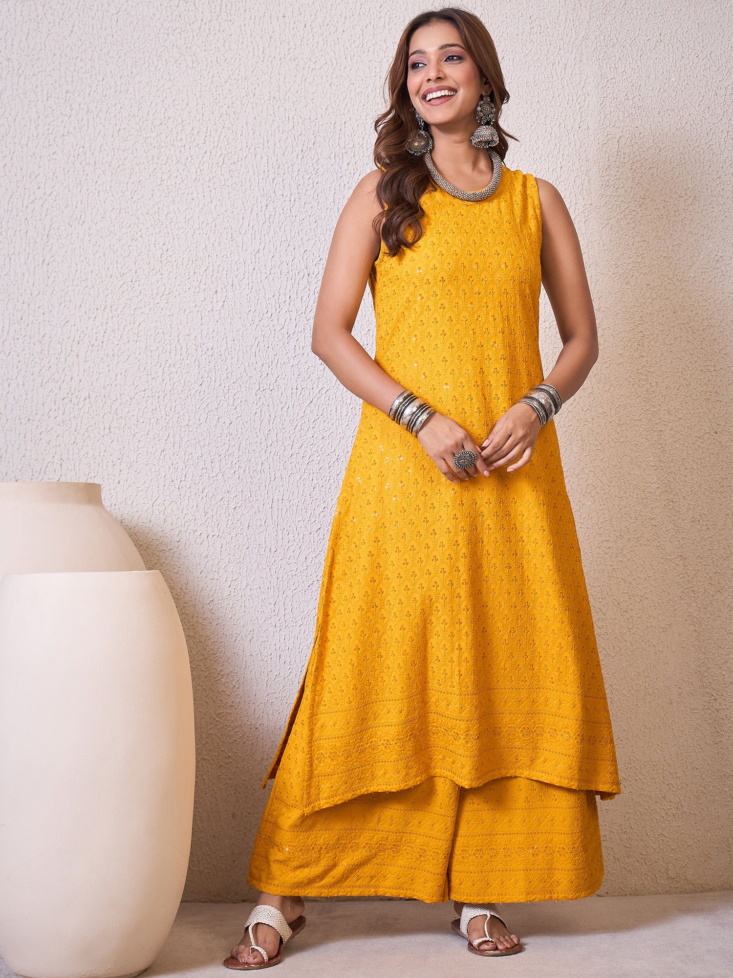 Yellow Chikankari Halter Kurta Set