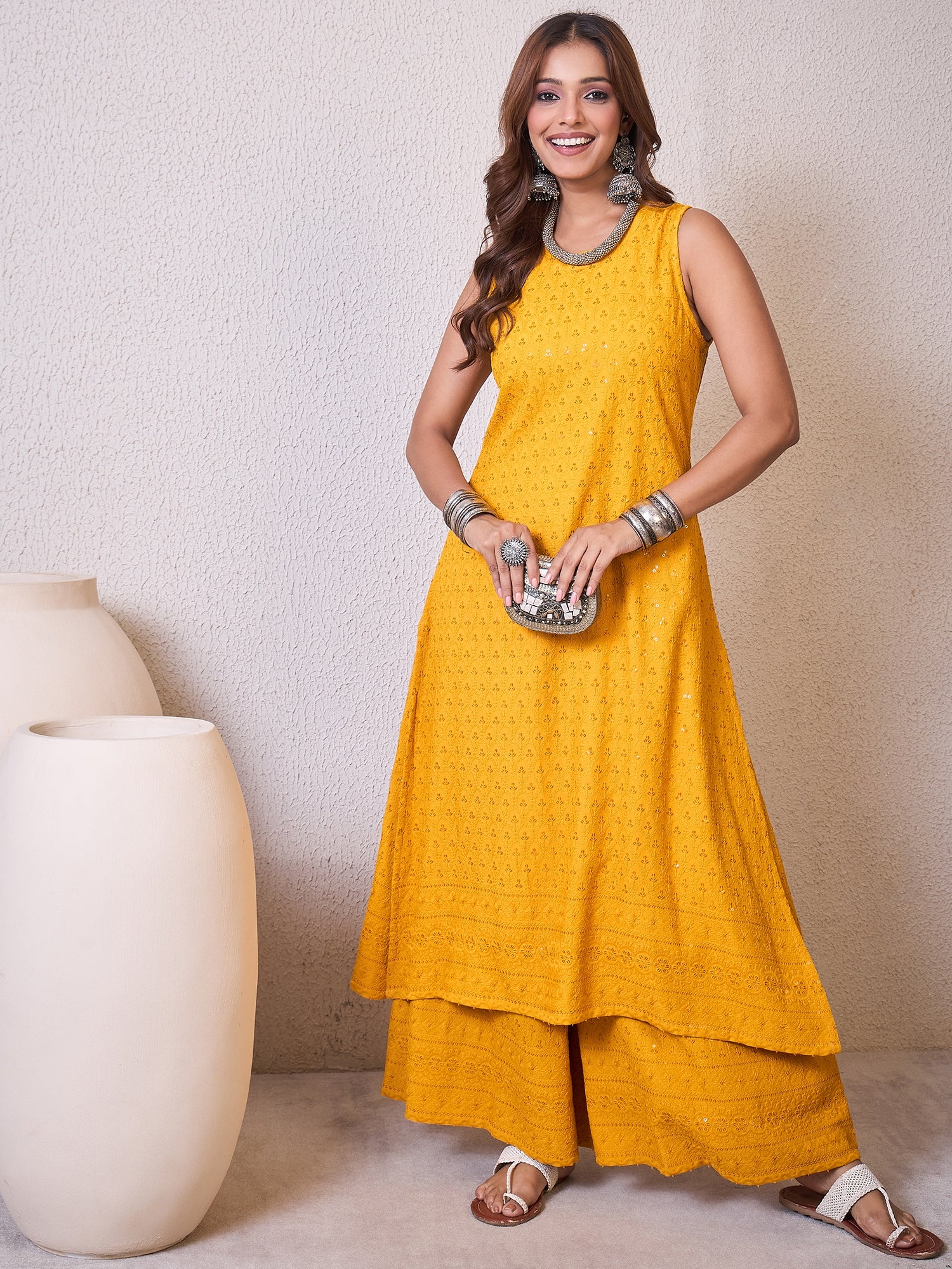 Yellow Chikankari Halter Kurta Set