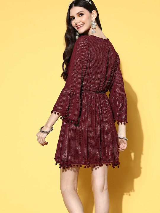 Maroon Lurex Dress With Lace