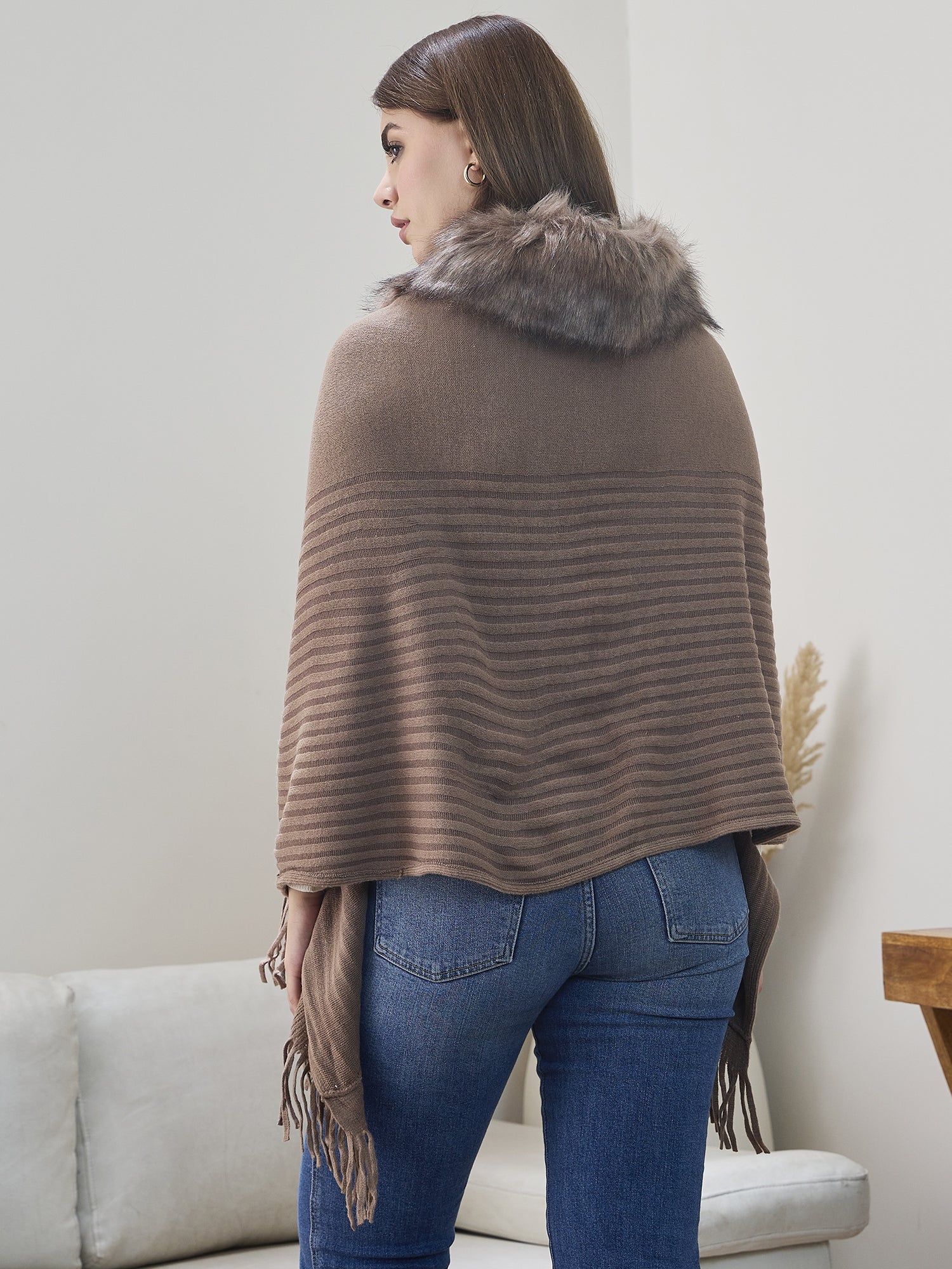 Dull Brown Striped Fur Poncho