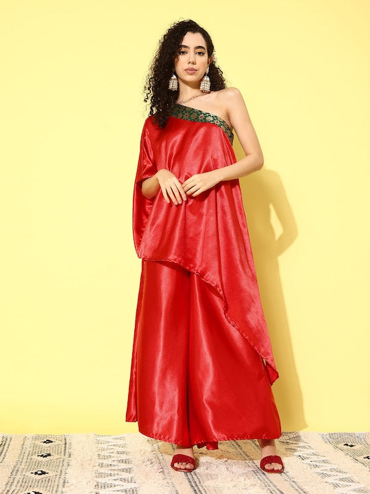 Red Green Brocade Satin Oneshoulder Kurta Set